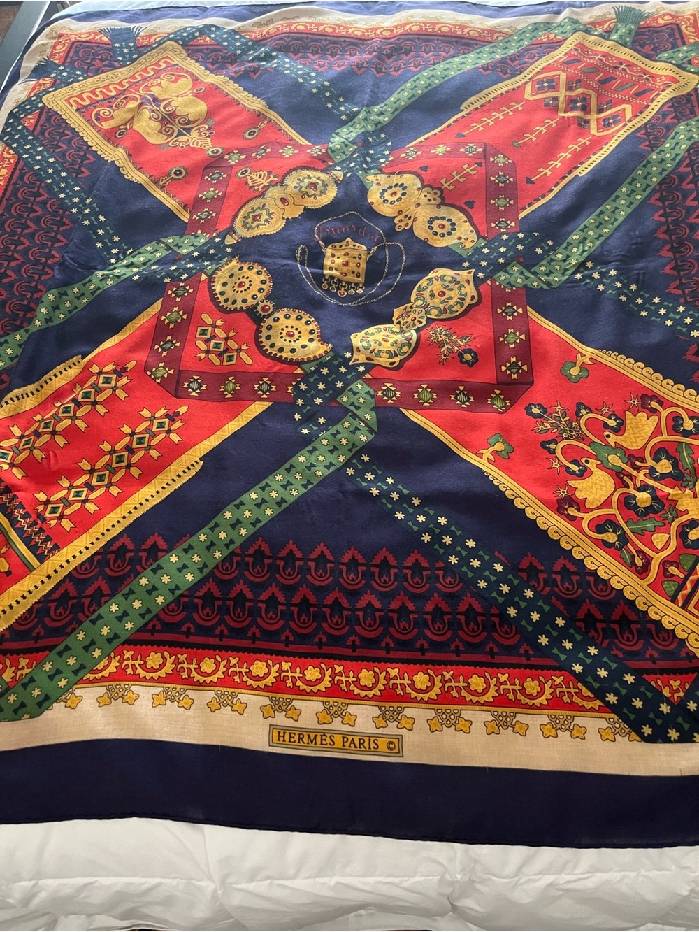 Vintage Hermes Brins d Or Silk and cashmere Shawl with Navy, Red, Green and Gold